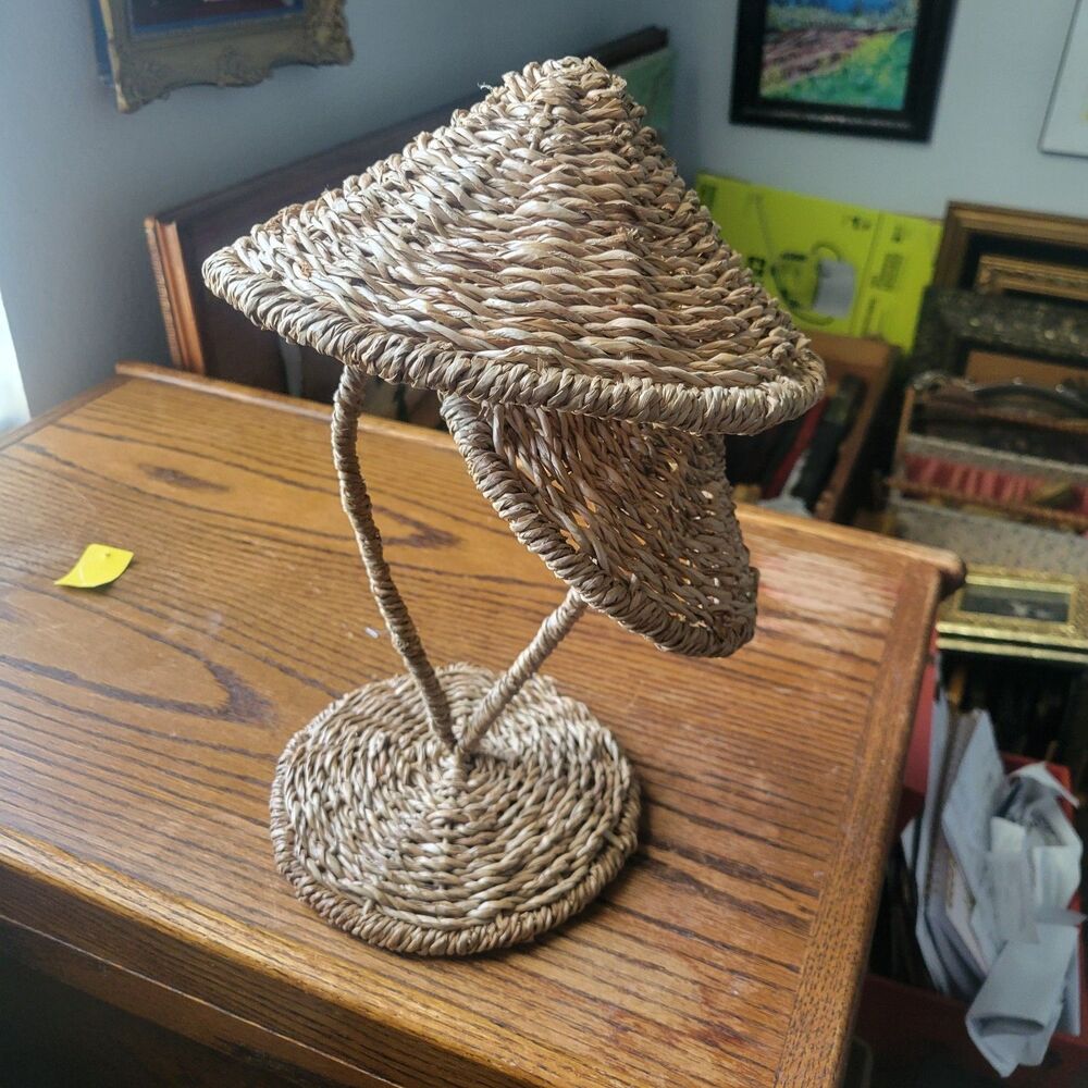 Vtg Rattan Wicker Double Mushroom Sculpture Stand decor MCM Boho Earthy Cottage